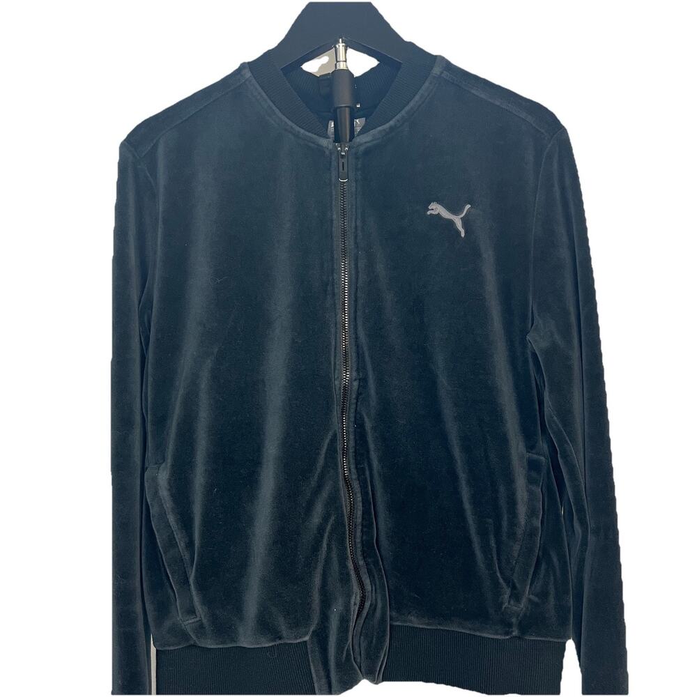Puma Men’s Large Black Velour Track Jacket Full Zip 594214-01 Slant Zip Pockets